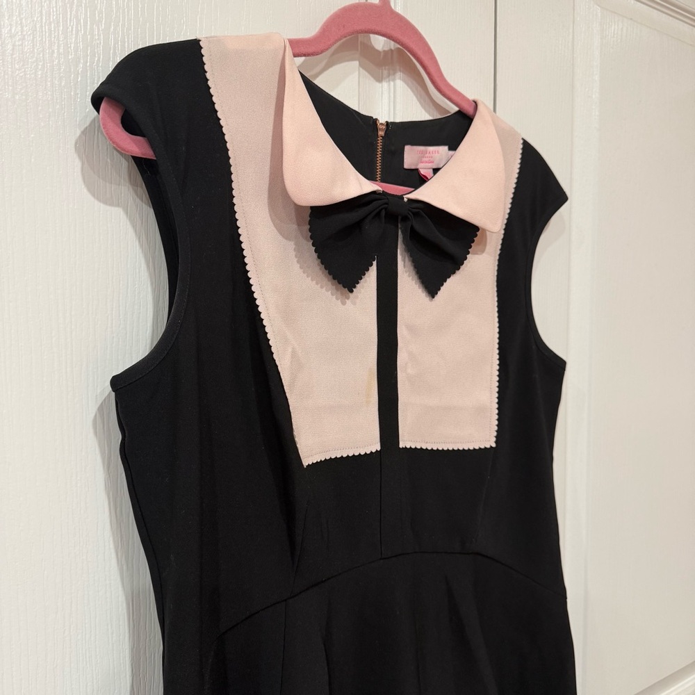 Ted Baker Black Mini Dress with Pale Pink Bib and Black Bow - Picture 2 of 10